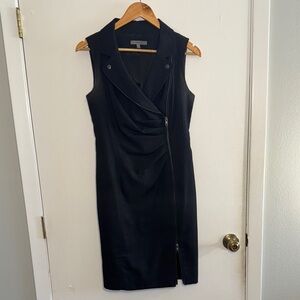 Charcoal Sheath Dress with V-Neck & Notched Collar - flattering zipper detail